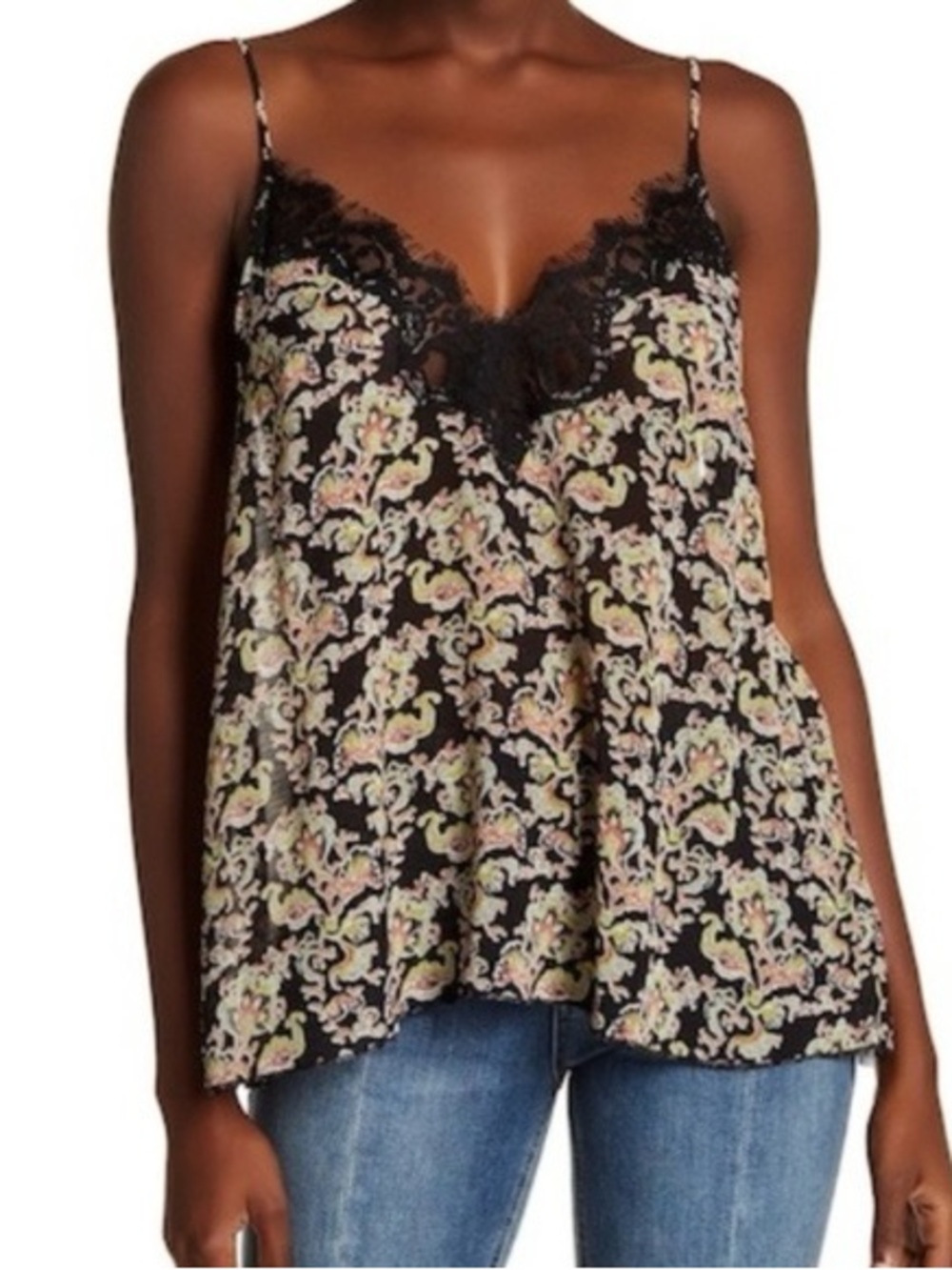 Free People Intimately Pretty Thing Black Lace Chiffon Paisley Cami